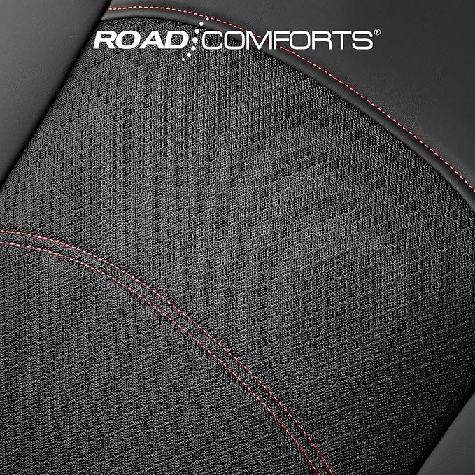 Road Comforts Car Seat Covers, Leather Front Seat Covers with Piping, Air-Cool Mesh Designed, Airbag Compatible Automotive Seat Covers for Most Car, Truck, Van, SUV - Black with Red Piping