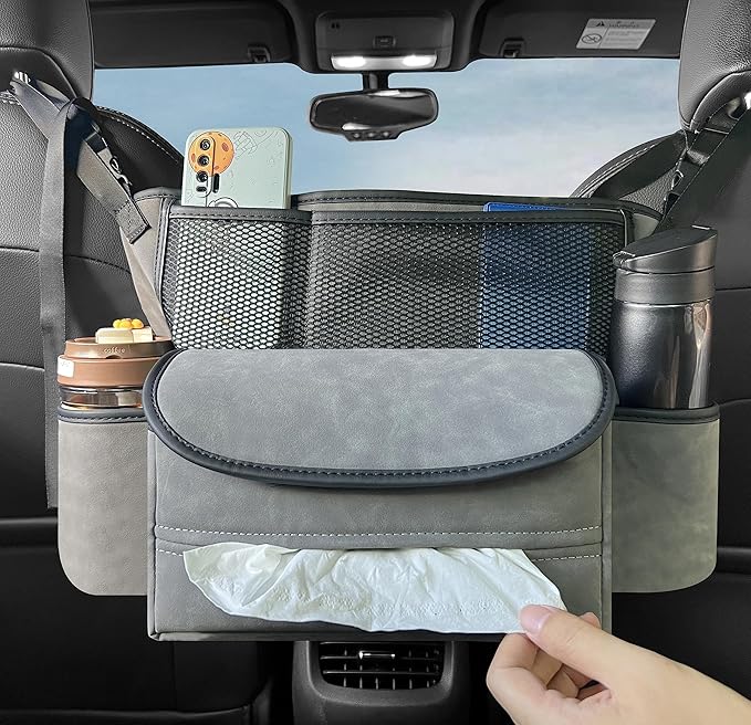 JEYODA Car Suede Seat Organizer High-capacity Seat Back Pouch Central Storage for Pickup SUVs Double-sided Tissue Storage Handbag Holder Car Accessories (Grey)