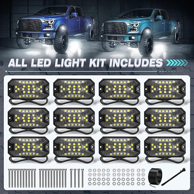 8 Pods Pure White Rock Lights, 6000K Pure White 27 LEDs Super Bright LED Underglow Neon Light, 10m Extension Wire, IP68 Waterproof for Trucks Pickup SUV UTV ATV RZR Car Boats
