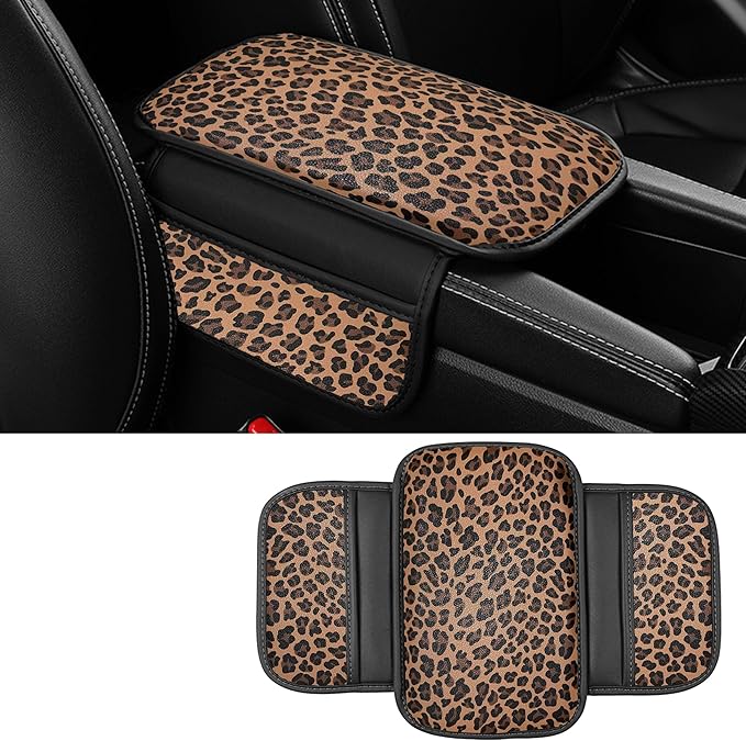 Dotesy Brown Cheetah Print Car Center Console Cover,Microfiber Leather Car Armrest Pad Cushion with 2 Storage Bags,Universal Car Armrest Storage Box Car Interior Accessories for Most Vehicles