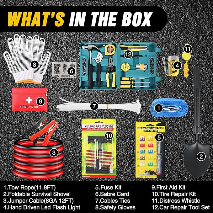 Nilight Car Emergency Kit with Jumper Cable Air Compressor Tire Repair Essential Tools First Aid Alligator Connector Electrical Kit for Travel Camping Outdoor Cars Truck SUV RV