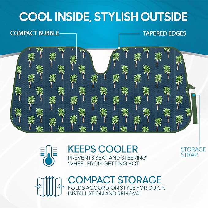 BDK Cali Palm Trees Front Windshield Sunshade Accordion Folding Style Auto Shade for Car Truck SUV Van Blocks UV Rays Sun Visor Protector Easy Setup Keeps Your Vehicle Cool - 58 x 27 inches