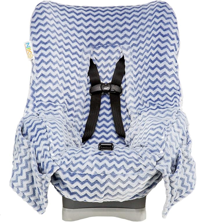 Niko Easy Wash Children's Car Seat Cover & Liner - Blue Chevron Minky - Great for Winter Weather - Universal FIT - Crash Tested - Waterproof SEAT Bottom - Mess Protection - Machine Washable