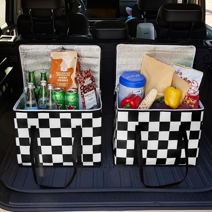 Checkered Insulated Grocery Bags 2 Pack, Checkerboard Cooler Shopping Bags for Groceries, Insulated Bags for Food Delivery