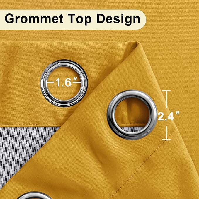 XWZO 100% Blackout Curtain Panels - Thermal Insulated Black Liner Curtains, Noise Reducing and Heat Blocking Drapes for Hall and Studio Windows with Tiebacks, Yellow, W52 x L95, Set of 2