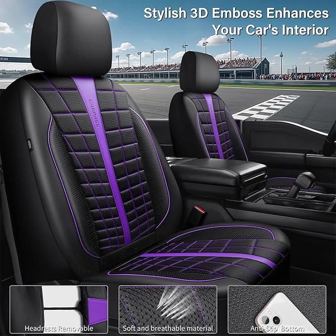CAR PASS 3D Air Mesh Seat Covers for Car, Leather Car Seat Cover Front Seats, Breathable Foam Premium Leather Mesh Front Seat Covers Universal Fit for Cars Sedans Trucks Vans SUVs, Black Purple
