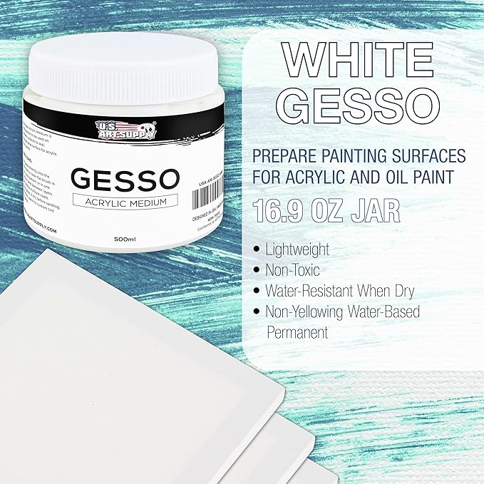 U.S. Art Supply White Gesso Primer - 16.9oz (500ml) for Oil & Acrylic Paint - Superior Coverage, Canvas Prep, Mixable White Gesso Paint Artists