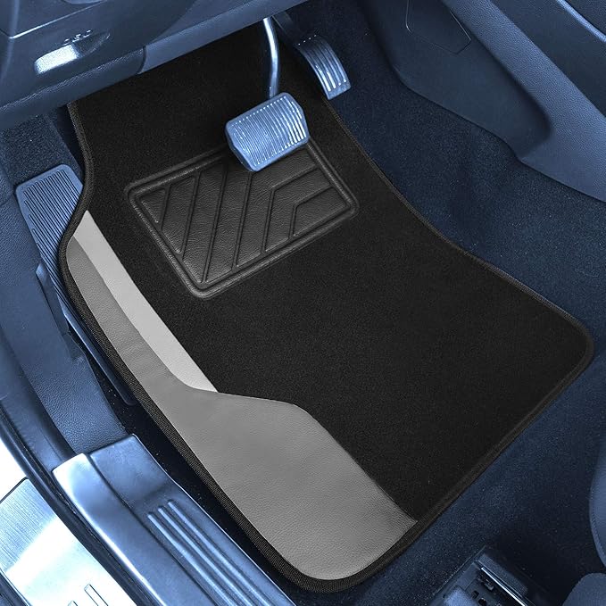 FH Group Color-Block Carpet Car Floor Mats – Non-Slip, Faux Leather Accents, Universal Fit for Sedan, SUV & Truck – Full Set Gray
