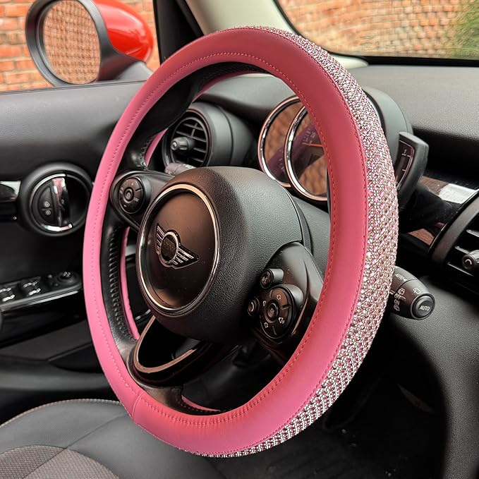 PINCTROT Large Size Bling Comfy Steering Wheel Cover with Jumbo Crystal Rhinestones, Anti-Slip Diamond Leather, 15.5-15.75 Inch (All Pink)