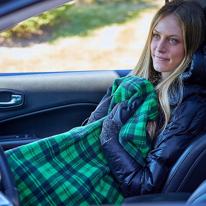 Heated Blanket - 12-Volt Electric Blanket for Car, Truck, SUV, or RV - Portable Winter Car Accessories for Camping or Travel by Stalwart (Green and Black Plaid)
