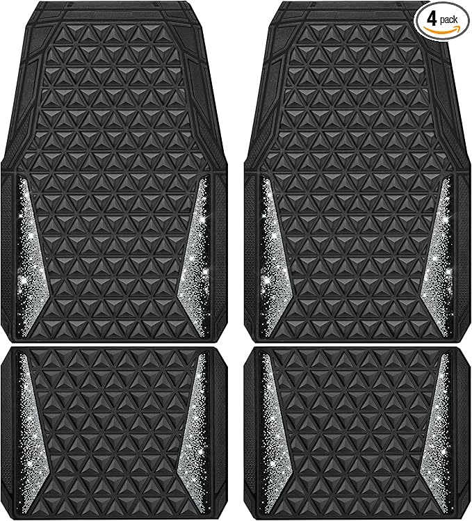 CAR PASS Bling Diamond Car Mats Rubber Floor Mats Full Set Anti-Slip 3D Rhombus Waterproof Trim to Fit Liner Universal Glitter Crystal Sparkly Shining Rhinestone Girl Women SUV Sedan Van, Black Silver