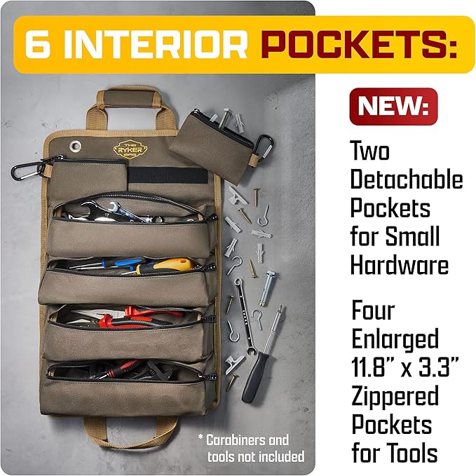 The Ryker Roll Up Tool Bag Organizer Gifts for him (2-pack) Heavy Duty Small Motorcycle Tool Roll Bag Organizer Portable Rollup Toolbag w/Detachable Pouches Mens gifts for Dad, Mechanic & Hobbyist