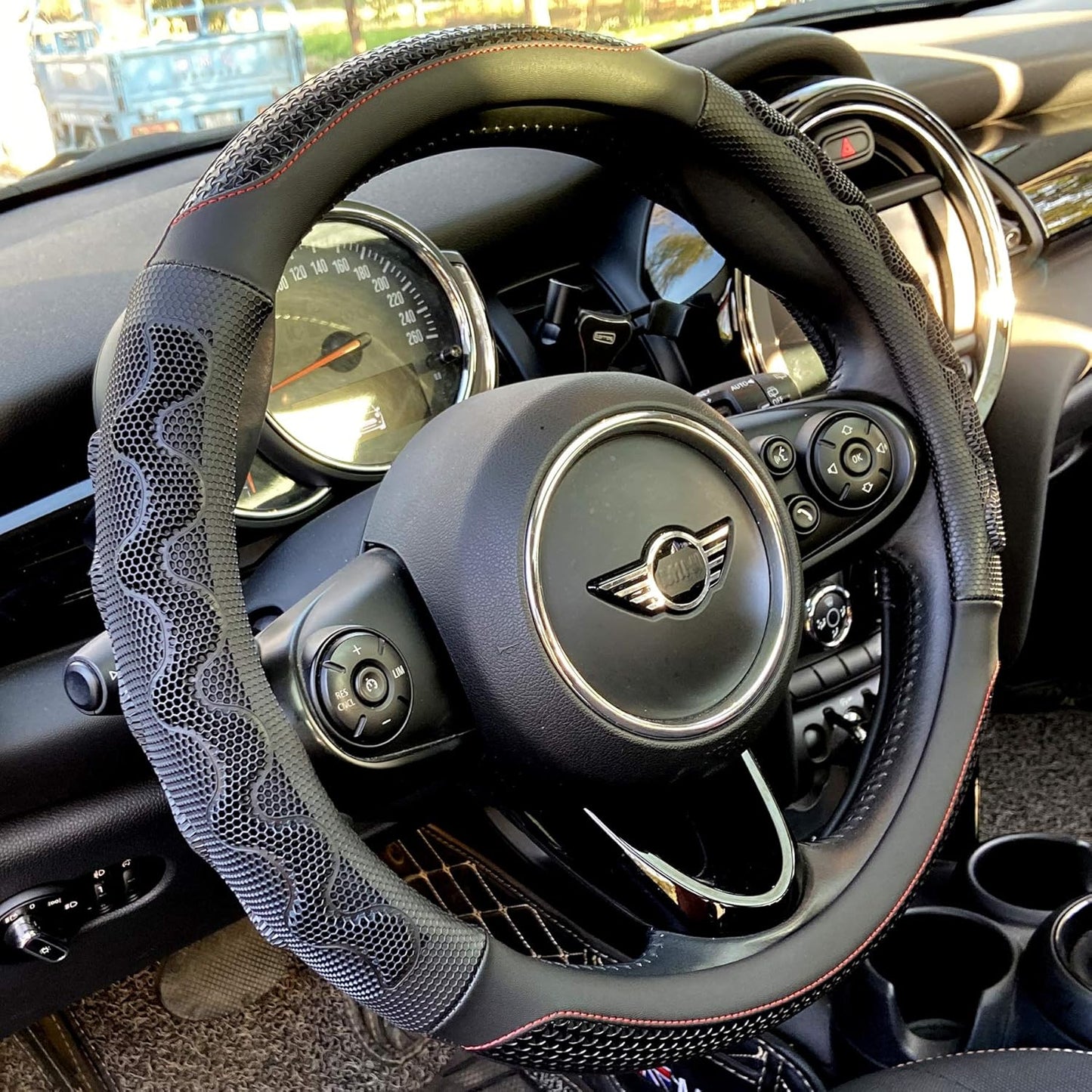 PINCTROT Small Size Steering Wheel Cover Great Grip with 3D Honeycomb Anti-Slip Design, 14 Inch (Black/Red Stitch)