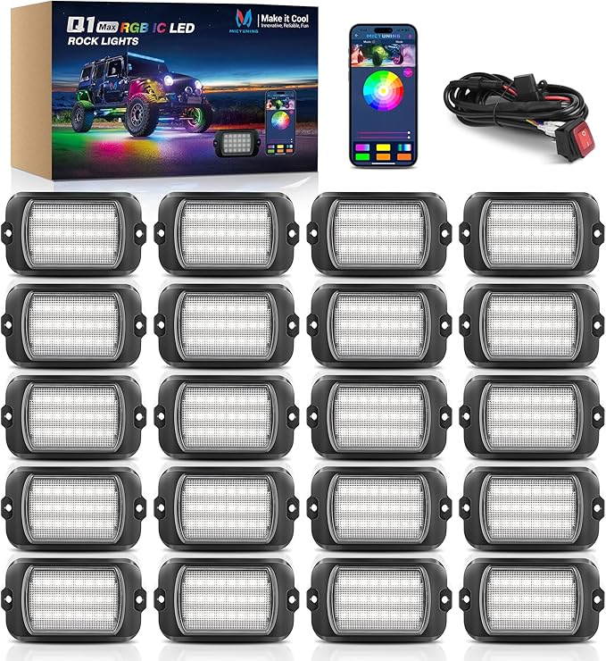MICTUNING Q1+ MAX 20 Pods Ultra-Bright RGB Rock Lights, Multi-Color Chasing Underglow Lighting, Extensible to 24 Pods, APP Music Sync & DIY Effects, IP68 Waterproof