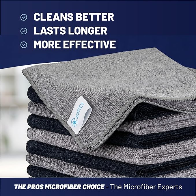 MW Pro Microfiber Cleaning Cloth | Black Gray | 12 Pack | 16” x 16” | All Purpose Microfiber Towels - Clean, Dust, Polish, Scrub, Absorbent