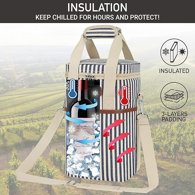 Opux 4 Bottle Insulated Wine Cooler Bag - Portable, Leakproof Padded Carrier for Travel, Picnic, BYOB - Navy White Stripe