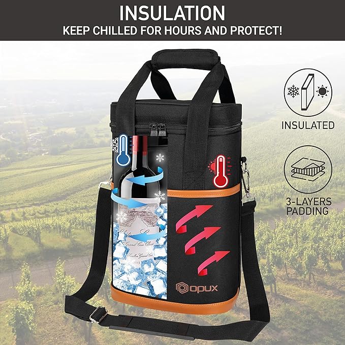 Opux 4 Bottle Insulated Wine Cooler Bag - Leakproof Padded Portable Wine Bottle Carrier for Travel Picnic BYOB Gift (Brown)