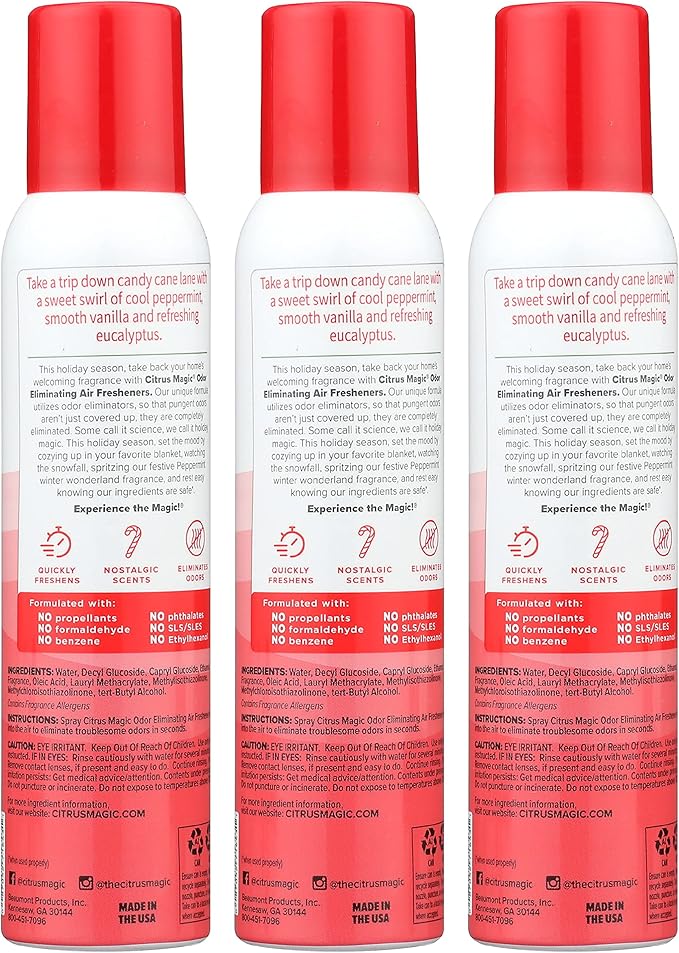 Citrus Magic Holiday Odor Eliminating Air Freshener Spray, Holly Jolly Peppermint, 3-Ounce, Pack of 3