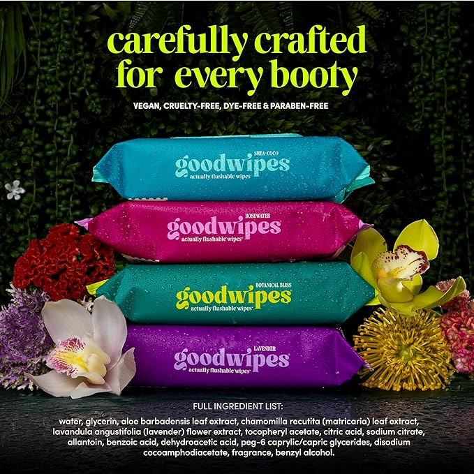 goodwipes Flushable Butt Wipes - Vitamin E & Aloe - Sewer & Septic Safe - Extra Large Adult Wet Wipes For Women & Men - Bathroom Essentials - Rosewater, 153 Count (3 Packs + 3 Individually Wrapped)