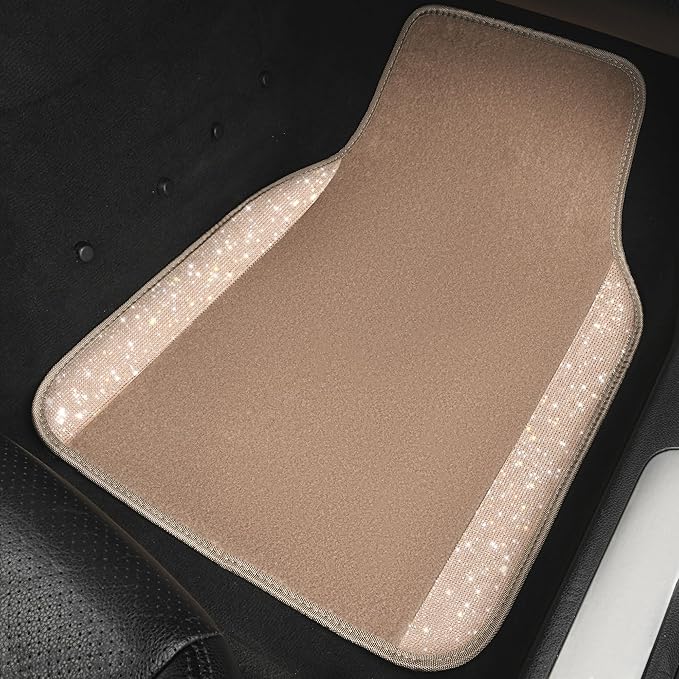 CAR PASS Bling Car Mats Shining Diamond Carpet Crystal Rhinestones Sparkly Glitter Floor Mats with Anti-Slip PVC Heel Pad Universal Fit for Automotive SUV, Sedan, Car, Van, 4pcs for Girl Women, Beige