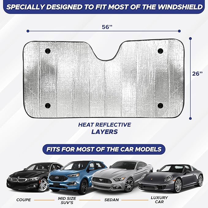EcoNourAccordion Car Windshield Sun Shade Foldable Reflective UV & Heat Blocker | Front Window Sunshade with 4 Suction Cups, Keeps Interior Cool, Automotive Sun Visor Protector 56" x 26"