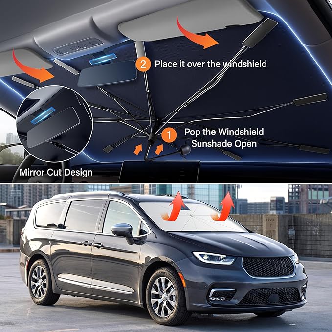 EcoNour Umbrella Windshield Sun Shade for Car | Foldable UV Blocker Front Windshield Sunshade | Umbrella Shade Accessories with Storage Pouch | Full Size SUVs & Pickup Truck & Van | Large - 61"x35"