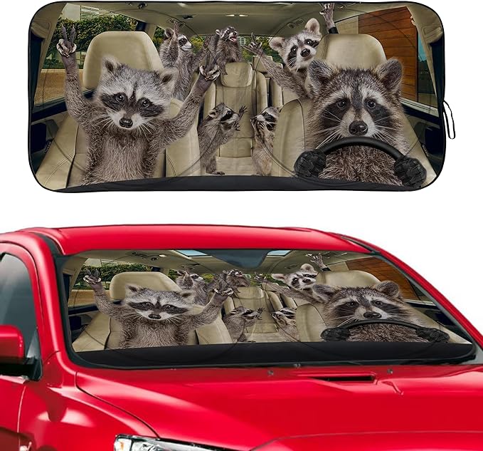 Funny Raccoon Windshield Sunshade for Car SUV Truck Foldable Uv Ray Reflector Front Window Sun Shade Visor Shield Cover -59" X 31"
