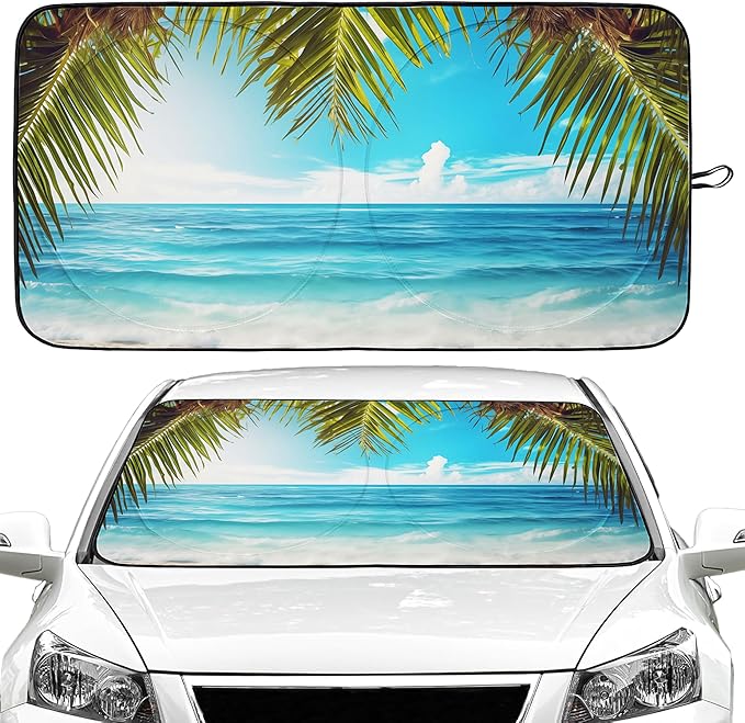 Beach Palm Car Windshield Sun Shade Foldable Sunshade Front Window Cover Sun Visor Protector Accessories (59x27.5 inches)