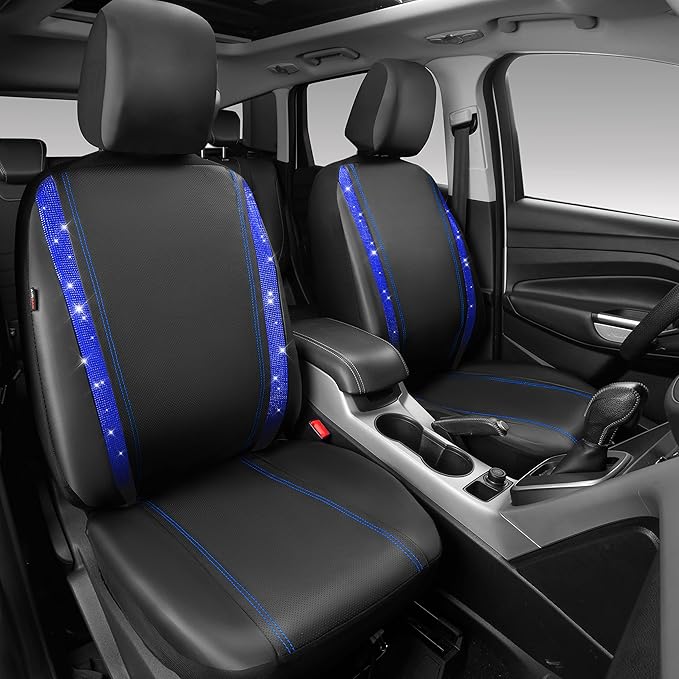 CAR PASS Leather Diamond Bling Car Seat Covers 2 Front Interior Sets, Waterproof Universal Shining Glitter Crystal Sparkle Fit for 95% Automotive Truck SUV Cute Women Girl, Black Blue Rhinestone