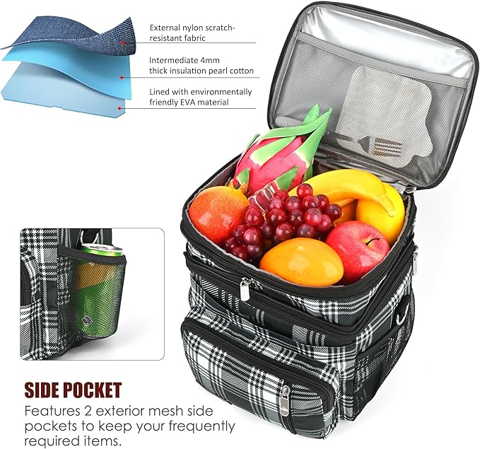 MIYCOO Lunch Bag & Lunch Box for Women Men, Double Deck Leakproof Insulated Soft Large Adult Camping Cooler bag for Work, Beach, Picnic, Travel (Checkered Black and White, 15L)