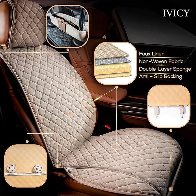 IVICY Faux Linen Front Car Seat Cover – Durable, Non-Slip Seat Protector for Cars – 1 Unit, Light Beige