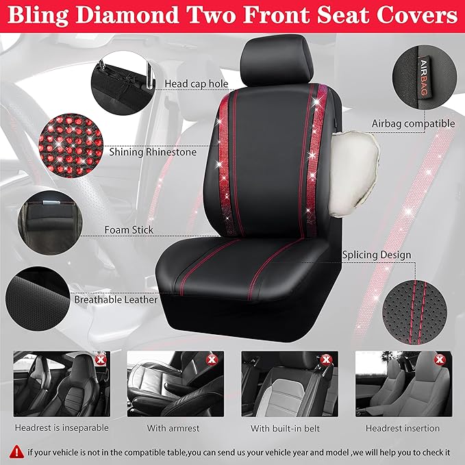 CAR Pass Bling Car Seat Covers Full Set, Shining Rhinestone Diamond Waterproof Faux Leather, Rear with Zipper, Universal Fit Automotive Glitter Crystal Sparkle Strips for Women Girl, Black Red