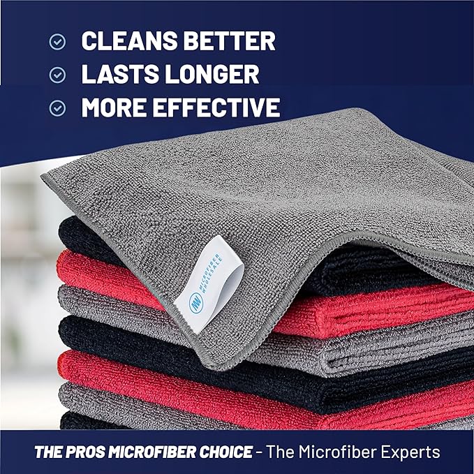 MW Pro Microfiber Cleaning Cloth | Black, Red, Gray (12 Pack) | Size 16" x 16" | All Purpose Microfiber Towels - Clean, Dust, Polish, Scrub, Absorbent
