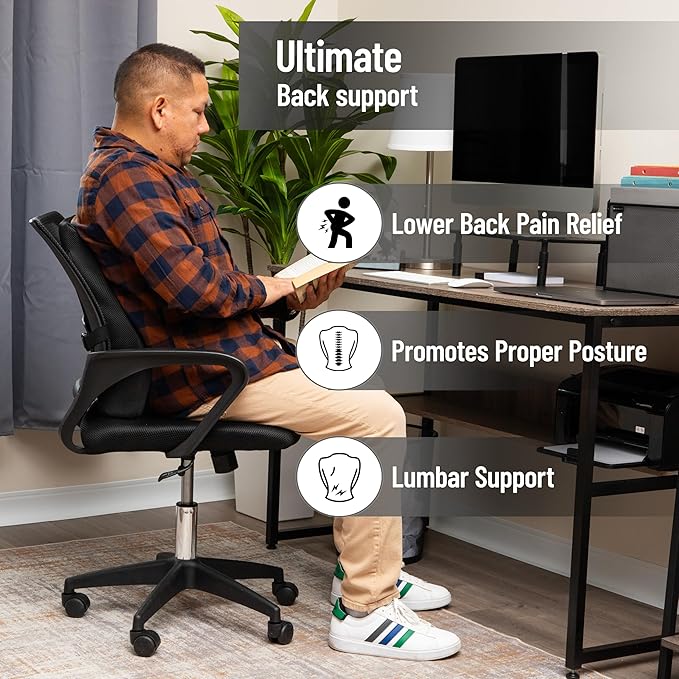 Mind Reader Air-Cloud Lumbar Cushion, Ergonomic Memory Foam Back Support Pillow for Office Chairs, Recliners, and Car Seats, Chiropractor-Recommended, Black