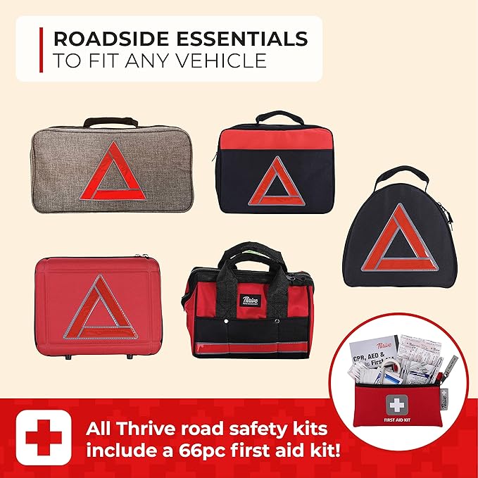 Thrive Emergency Car Kits for Vehicles - Roadside Emergency Car Kit (104 Pieces) - Car Kits for Emergency - Roadside Car Kit with Jumper Cables and Mini First Aid Kit - Gray Bag