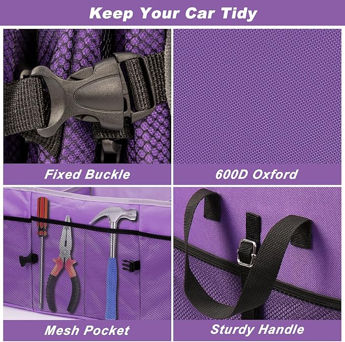 Car Trunk Organizer with Individual Cooler Bag - 2 Compartment Collapsible Car Storage for SUV (Purple)