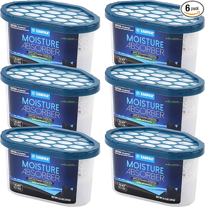 ZARPAX Moisture Absorber Activated Charcoal 6.5 oz/185g | Removes Moisture, Damp, Humidity & Odors | Odor Absorber | Moisture Trap for Bathroom, Closet, Kitchen & Small Spaces | Set of 6