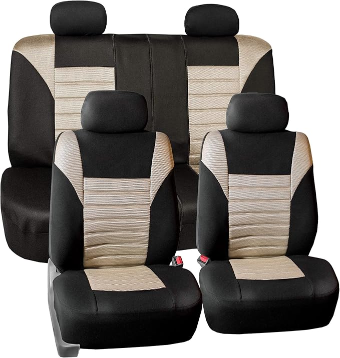 TLH Car Seat Covers Premium 3D Air Mesh Automotive Seat Covers Full Set Beige Seat Covers Airbag Compatible and Split Rear Car Seat Cover Universal Fit Interior Accessories for Cars Trucks and SUV