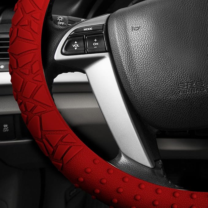 FH Group Universal Fit Silicone with Nibs and Pattern Massaging Grip Steering Wheel Cover fits most Cars, SUVs, Trucks, and Vans Red