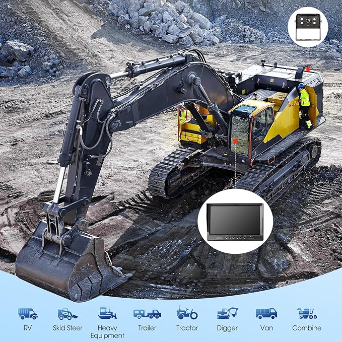 10.1" 1080P Wired Backup Camera System, DVR Rear View Camera, IP69 Waterproof IR Night Vision, 20G Vibration-Proof for Trailer/Tractor/Truck/Combine/Caravan/Skid Steer/Heavy Equipment/UTV, Y5