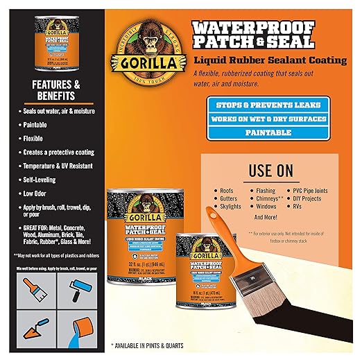 Gorilla Patch & Seal Liquid Rubber Waterproof Sealant, Black, 32 Ounce (Pack of 6) - Seals Out Water, Air, and Moisture