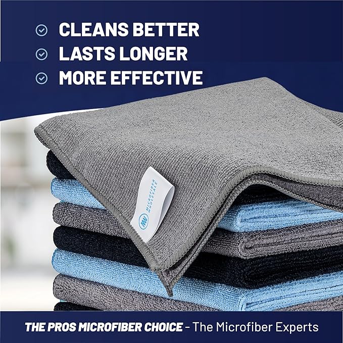 MW Pro Microfiber Cleaning Cloth | Black Gray Blue | 12 Pack | 16” x 16” | All Purpose Microfiber Towels - Clean, Dust, Polish, Scrub, Absorbent