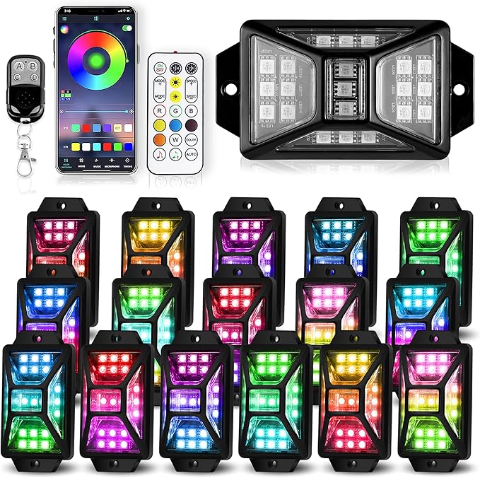 16 Pods Full Angle RGB Rock Lights, App/Remote Control Chasing Led Rock Lights with Music Mode Waterproof Multi-Color, Compatible with 12V Trucks Jeep UTV SUV ATV Off Road Golf Cart(Patented)