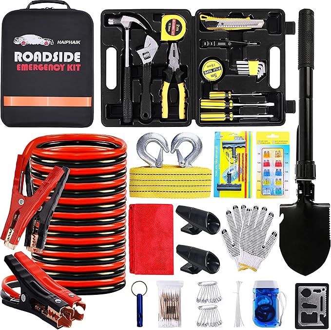 Car Emergency Roadside Kit - Roadside Assistance Emergency Kit, Car Emergency Kit with Jumper Cables, Safety Kits for Cars,Folding Shovel, Tow Rope,Car Tool Kit
