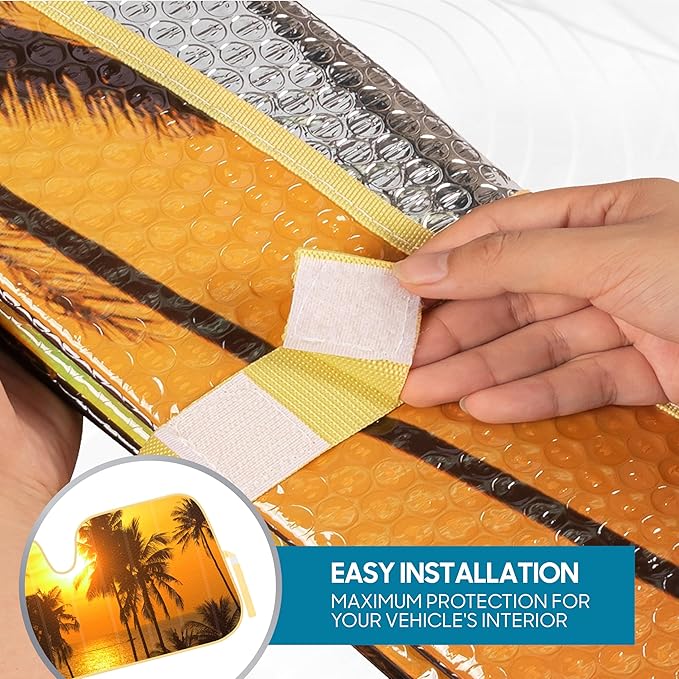 BDK Golden Sunset Palm Trees Front Windshield Sun Shade Accordion Folding Cute Car Window Shades for Truck & Car Sunshade Shield for Sun UV Rays - Visor Protector Keeps Vehicle Cool - 58 x 27 inches