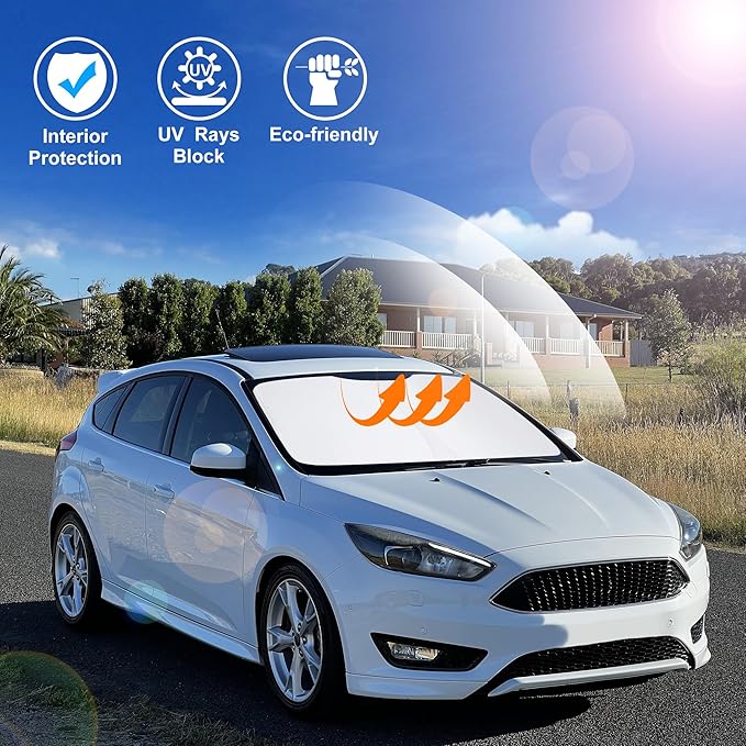 Windshield Sun Shade Custom Fit for 2012-2018 Ford Focus Hatchback Accessories Foldable Sunshade Sun Blocker Protect Car from Sun Rays & Heat Damage Keep Car Cooler