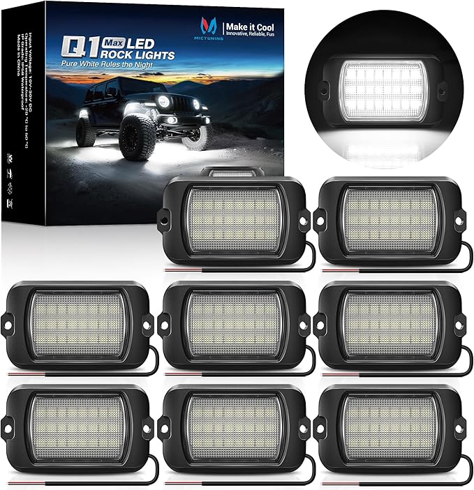 MICTUNING Q1 Max White Rock Lights, 8 Pods Super Bright Pure Underglow Light Kit, IP68 Waterproof for Truck Car ATV UTV Golf Cart (2 Year Warranty)
