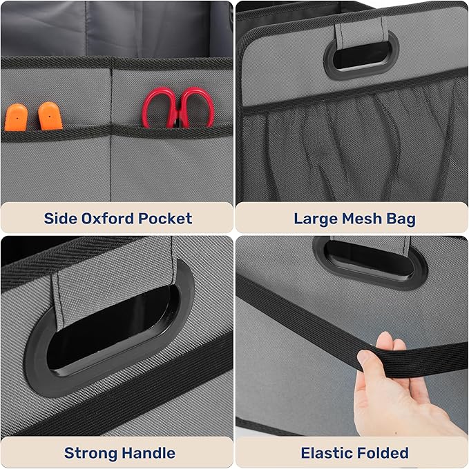 YSSOA Trunk Organizer for Car/SUV/Truck, Collapsible 2 Compartment Automotive Storage Box, 600D Waterproof Oxford Polyester 50L Travel Accessories, Anti-slip & Leak-proof, Grey