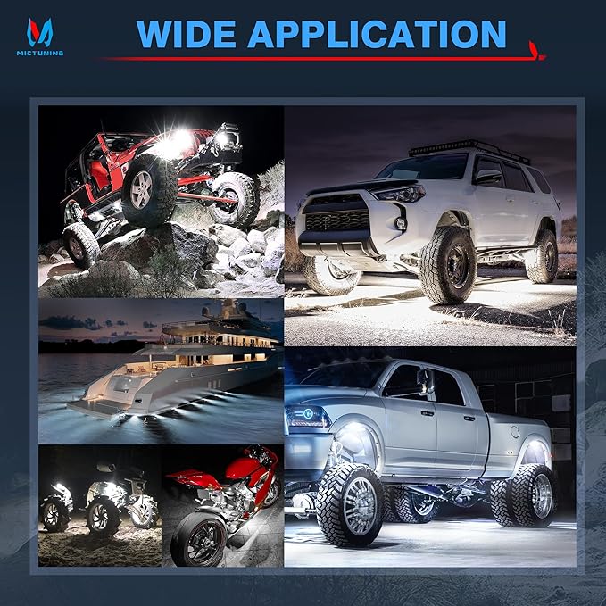 MICTUNING 4 Pods Pure White Rock Lights Kit - IP68 Waterproof, with Wiring Harness - Ultimate Underglow for Car, Truck, ATV, UTV, SUV, Off-Road, Golf Cart & Boat