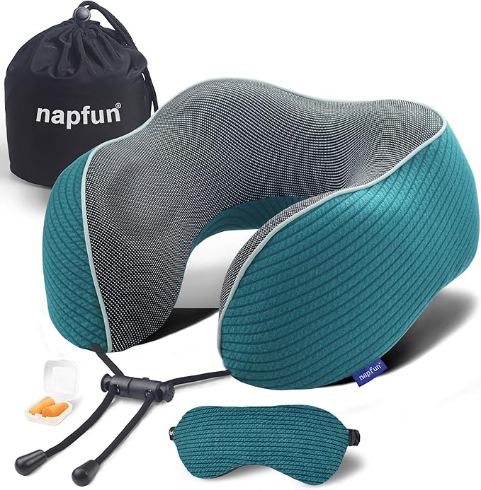 napfun Neck Pillow for Traveling, Upgraded Travel Neck Pillow for Airplane 100% Pure Memory Foam Travel Pillow for Flight Headrest Sleep, Portable Plane Accessories, Teal Striped Kit